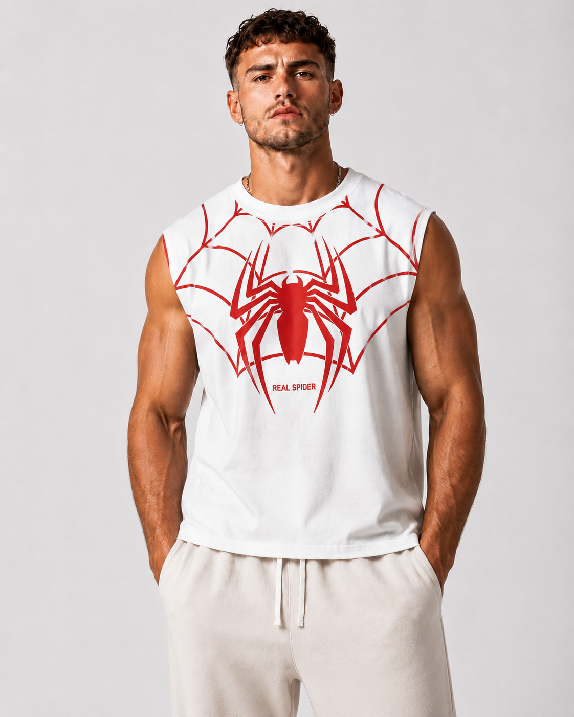 Spider Web Graphic Boxy Fit Sleeveless Vest – Premium Cotton Gym & Streetwear