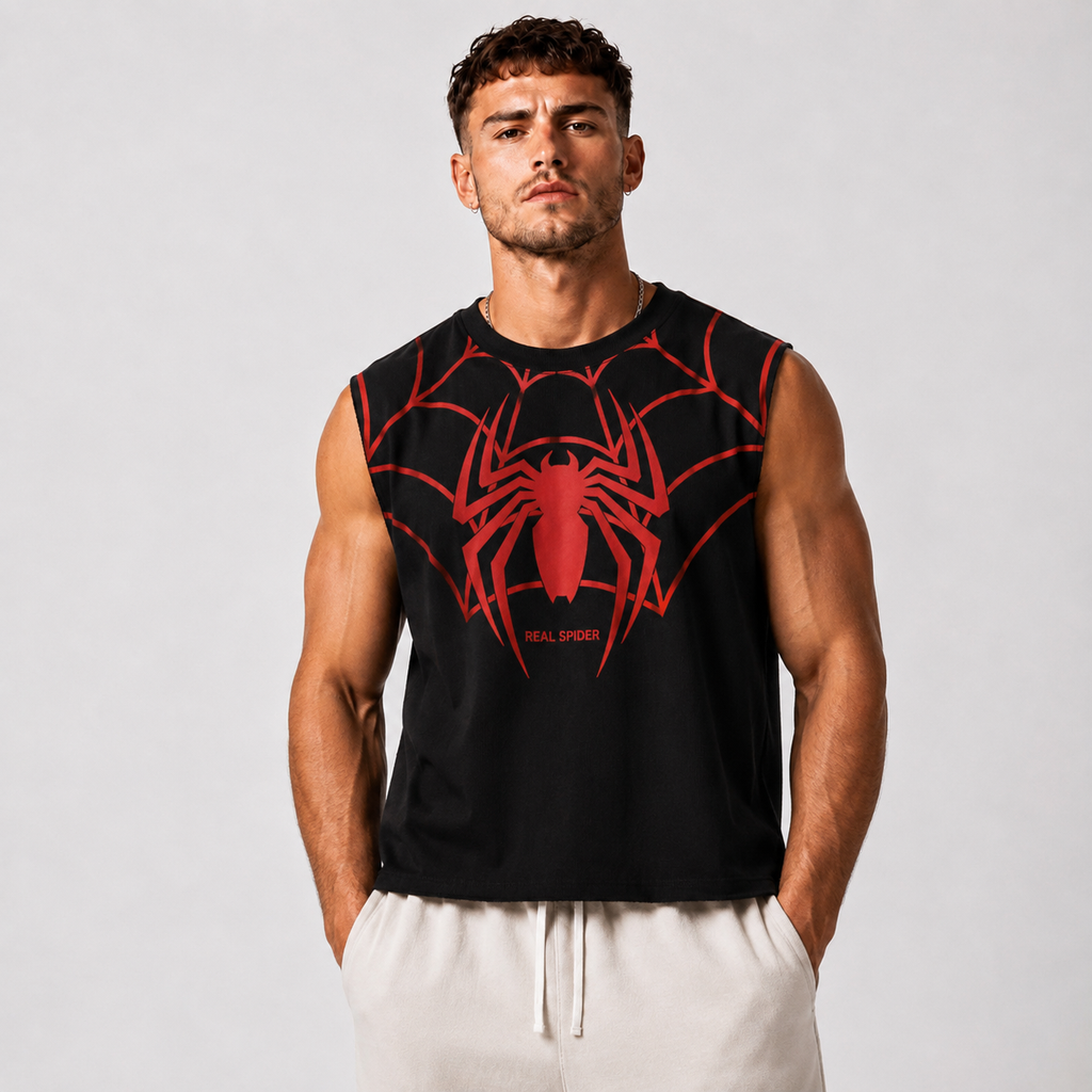 Spider Web Graphic Boxy Fit Sleeveless Vest – Premium Cotton Gym & Streetwear