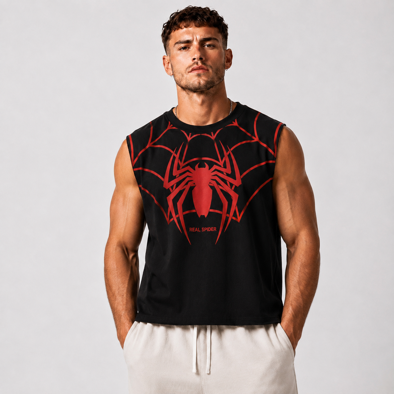 Spider Web Graphic Boxy Fit Sleeveless Vest – Premium Cotton Gym & Streetwear