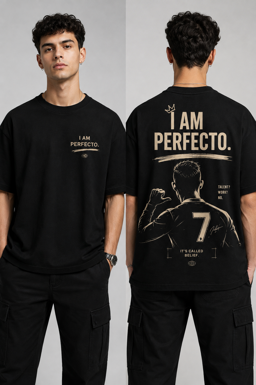 I AM PERFECTO. Oversized 240 GSM Cotton T-Shirt – Black Streetwear Tee